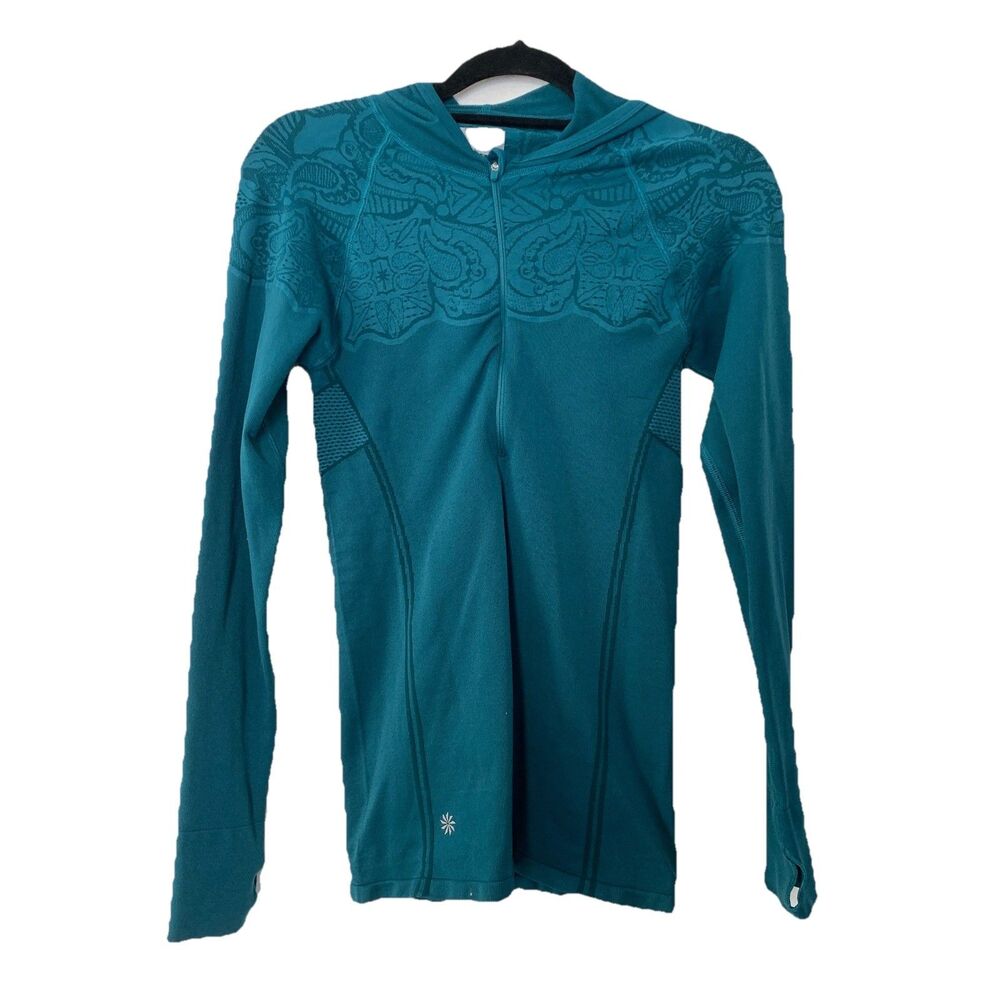 Athleta Womens Medium Hoodie Shirt Athletic Compression Teal 1/2 Zip Long Sleeve